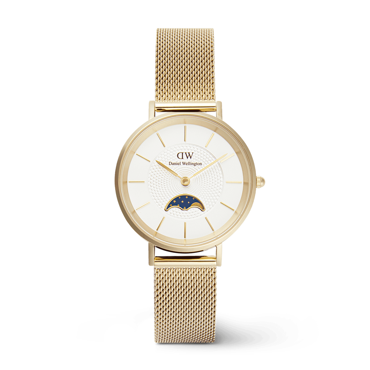 Petite Lune Evergold ladies gold watch with a 32mm round case, white dial, moon-phase sub-dial, and an adjustable gold mesh strap, designed for versatile everyday wear.