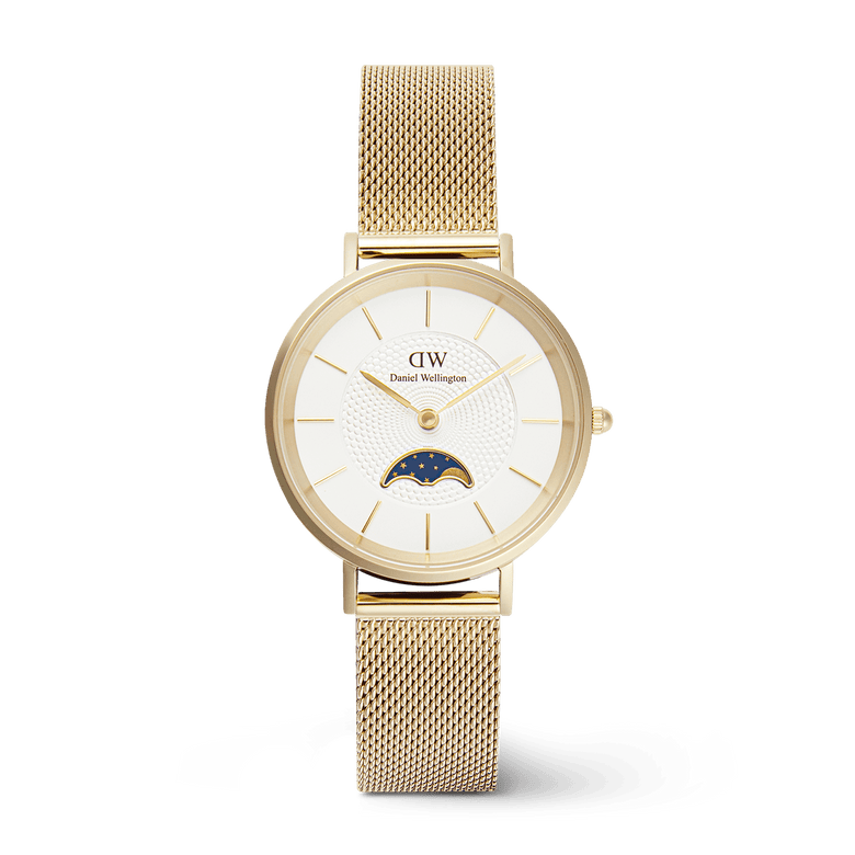 Petite Lune Evergold ladies gold watch with a 32mm round case, white dial, moon-phase sub-dial, and an adjustable gold mesh strap, designed for versatile everyday wear.