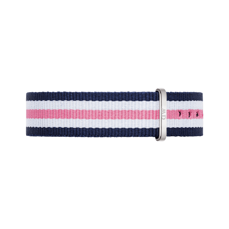 Southampton Strap Silver NATO style watch strap with navy, white, and pink stripes, featuring a polished silver buckle and durable woven polyester design.