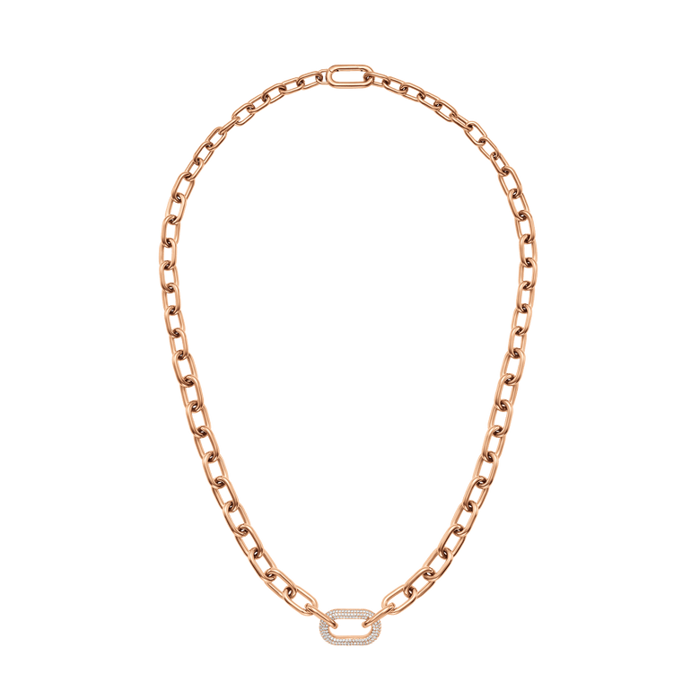 Rose gold chain necklace featuring bold links and a crystal-embellished centre link, designed for women who appreciate modern elegance and versatile styling.