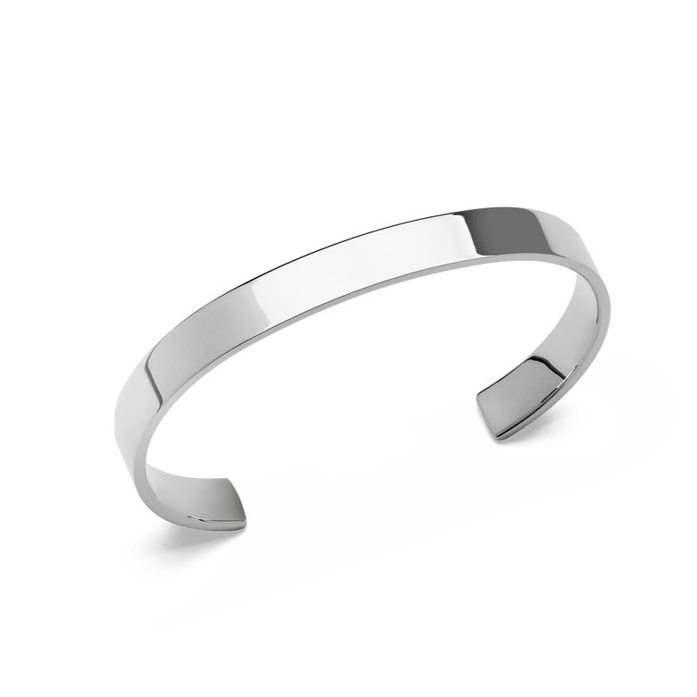 Line Cuff Polished Silver bracelet in stainless steel, featuring a sleek open cuff design with a high-polish finish and smooth edges for a modern, minimalist look.