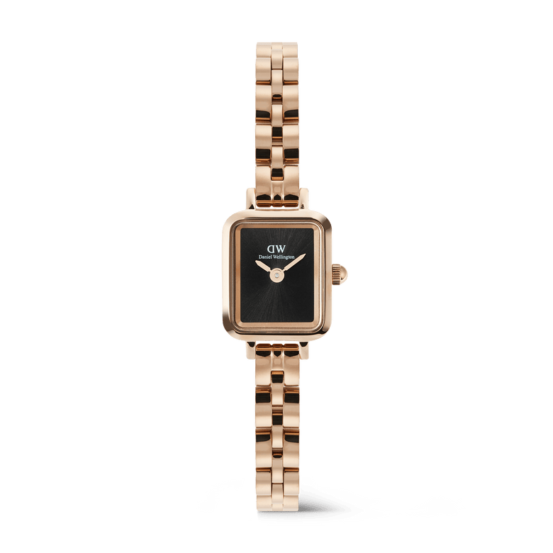 Quadro Mini Arch 3-link Onyx Sunray Rose Gold ladies watch with a petite rectangular rose gold case, black sunray dial, and three-link rose gold bracelet, designed for a refined and minimalist look.