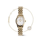 Gold Daniel Wellington Ophelia Mini watch with a white oval dial and Roman numerals, paired with the Audrey Gold bracelet featuring a fine chain and a round mother-of-pearl charm bordered by sparkling stones.