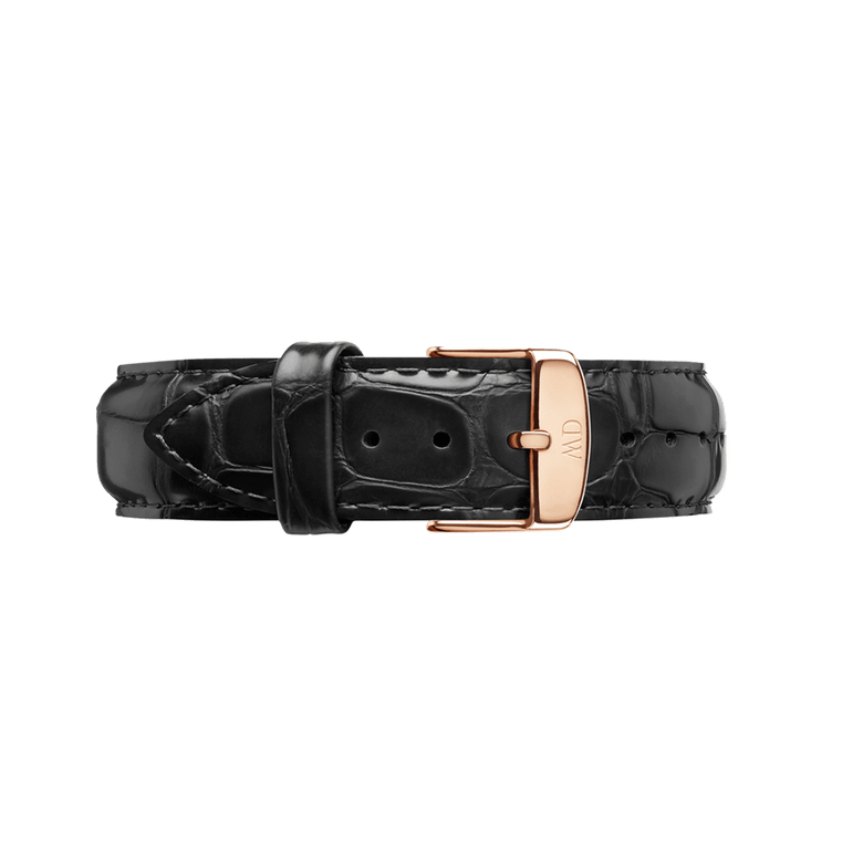 Black croc embossed leather Reading Strap Rose Gold with a polished rose gold buckle, detailed stitching, and a classic design for a sophisticated watch upgrade.