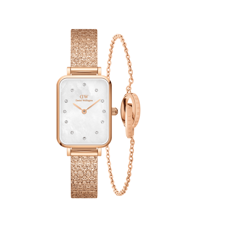 Rectangular Quadro Lumine Pressed Piano ladies watch with a rose gold pressed metal strap and white crystal dial, paired with an Elan Unity Bracelet in rose gold featuring a delicate chain and unity ring detail.
