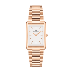 Bound 3-Link Rose Gold watch featuring a slim rectangular case, minimalist white dial, and polished rose gold 3-link bracelet, designed for everyday versatility and a refined look.