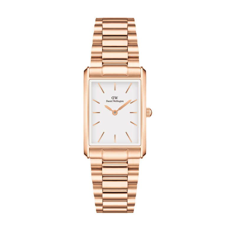 Bound 3-Link Rose Gold watch featuring a slim rectangular case, minimalist white dial, and polished rose gold 3-link bracelet, designed for everyday versatility and a refined look.