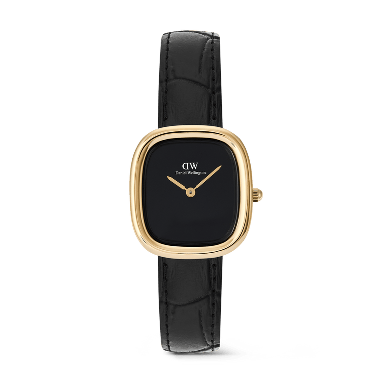 Margot Reading Onyx Ceramic Gold ladies watch featuring a petite rectangular gold-tone case, minimalist black dial without indices, and a black croco-embossed leather strap.