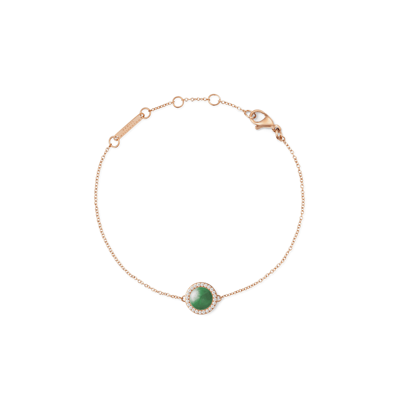 Delicate rose gold bracelet with an adjustable fine chain, featuring a round green jade centrepiece surrounded by a halo of white cubic zirconia crystals.
