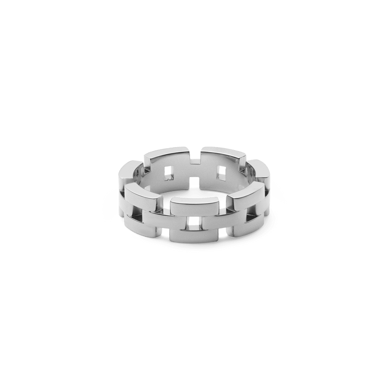 Silver ring with a geometric open-link design and polished finish, crafted from stainless steel for a modern, minimalist look.
