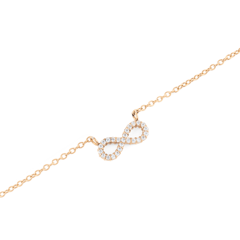 Close-up of the Mirelle Infinity Necklace Rose Gold, showing a fine rose gold chain with a sparkling infinity pendant set with white cubic zirconia for a refined, minimalist look.