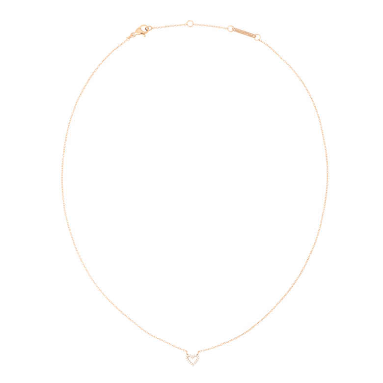 Delicate rose gold necklace featuring a fine adjustable chain and an open heart pendant with sparkling cubic zirconia accents, designed for a subtle and elegant look.