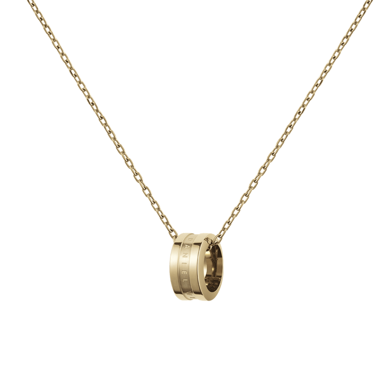 Polished Elan Necklace Gold with a minimalist ring pendant engraved with the Daniel Wellington logo, shown on a fine adjustable gold chain.