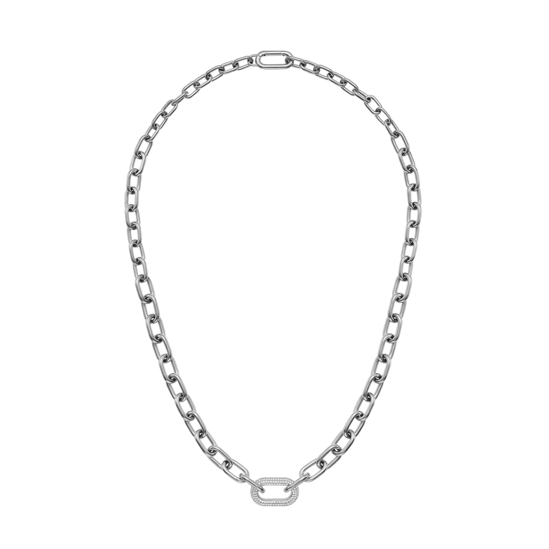 Chunky chain necklace in silver with a crystal-embellished link, featuring an adjustable length and a secure clasp for versatile styling.