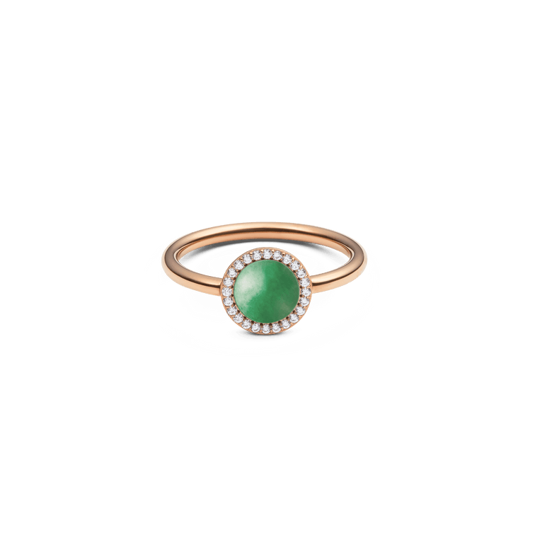 Rose gold ring featuring a domed green jade centrepiece surrounded by a halo of sparkling white cubic zirconia, set on a slim polished band.