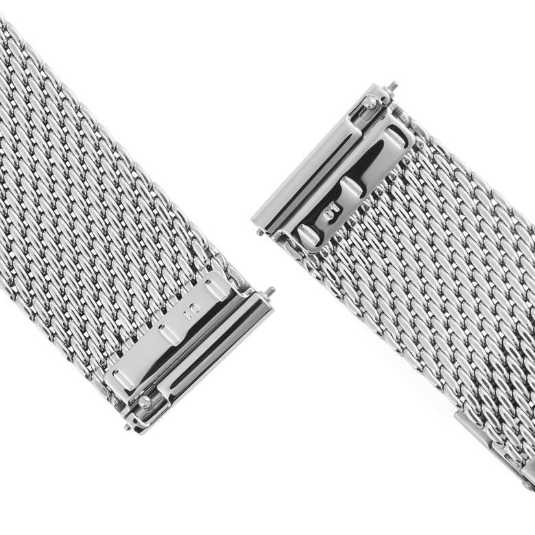 Close-up of the Mesh Sterling Strap Silver showing the spring bar connectors and polished stainless steel mesh, highlighting its easy-to-fit design for quick watch strap changes.