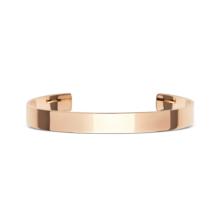 A minimalist rose gold cuff bracelet with a polished finish and open-ended design, featuring a slim, smooth silhouette suitable for both men and women.