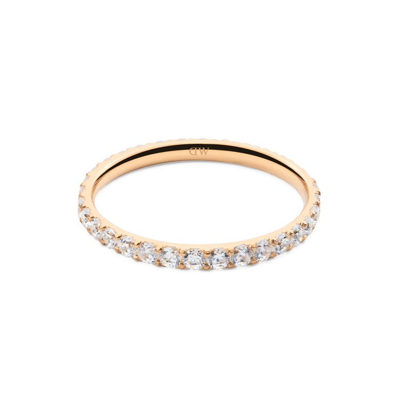 Rose gold Mirelle Eternity Ring with a 2mm slim band, featuring a continuous row of sparkling white cubic zirconia crystals for a refined and modern look.