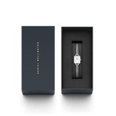 Quadro Mini Lumine Bezel Silver ladies watch presented in a sleek black Daniel Wellington gift box, featuring a crystal-studded bezel and silver mesh strap, ideal for gifting or festive occasions.