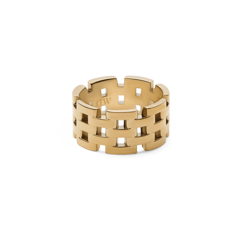 Wide gold ring with an architectural five-link design and polished finish, featuring open geometric links for a bold and modern look.