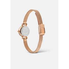 Rear view of the Petite Mini Blush Melrose watch showing the stainless steel case back and rose gold mesh strap with a safety buckle, highlighting its adjustable and secure fit.