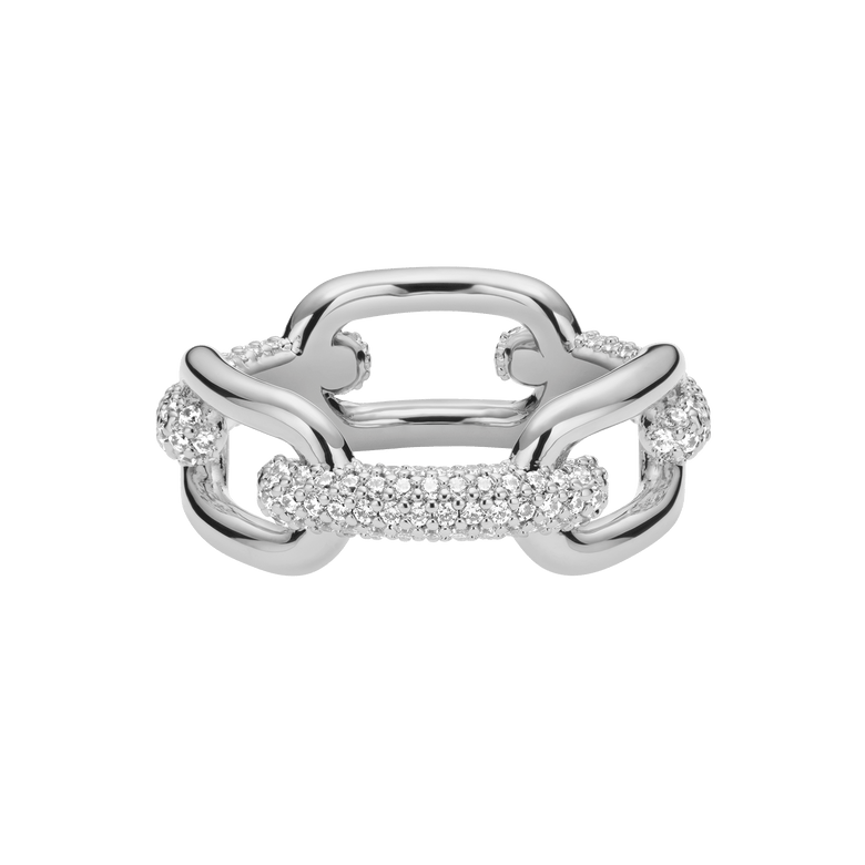 Chunky silver ring featuring bold chain links and pavé-set cubic zirconia crystals, with a polished finish and distinctive link design.