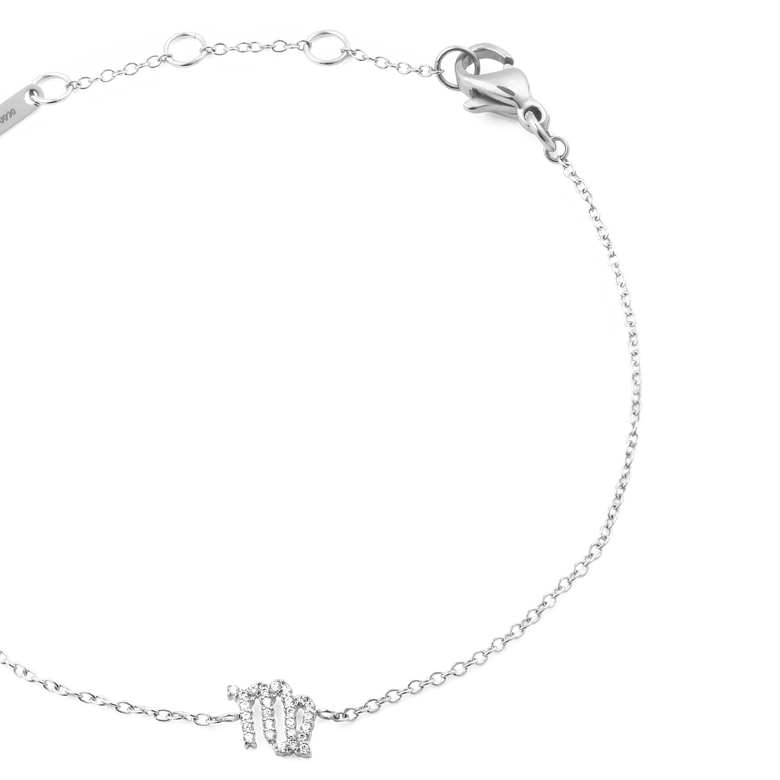 Silver chain bracelet featuring a delicate Virgo zodiac charm adorned with hand-placed crystals, adjustable sizing rings, and a secure lobster clasp.