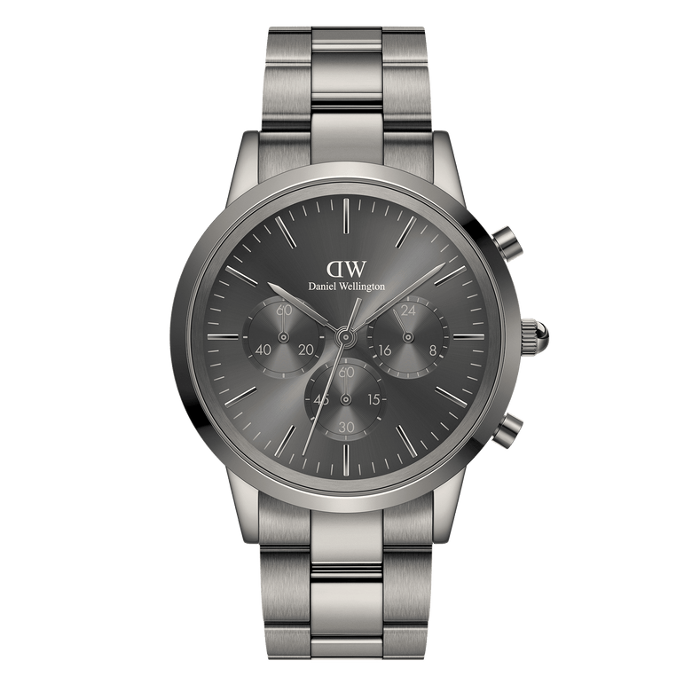 Iconic Chronograph Link Graphite men's watch featuring a monochrome graphite stainless steel bracelet, sunray grey dial, and three chronograph sub-dials for stopwatch functionality.