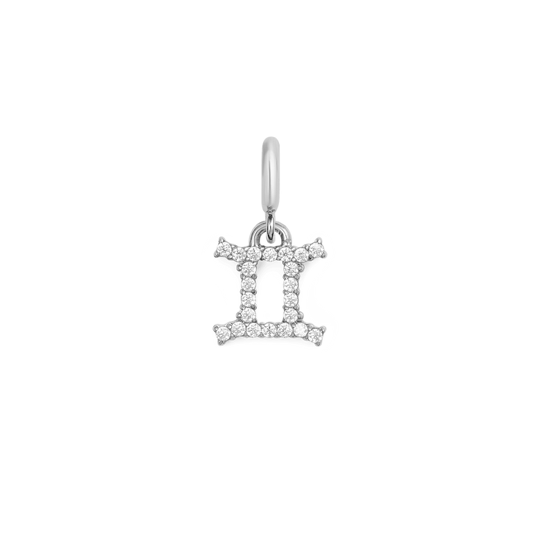 Gemini zodiac watch charm in silver, featuring a minimalist astrological symbol embellished with cubic zirconia crystals, perfect for personalising Daniel Wellington watches or bracelets.