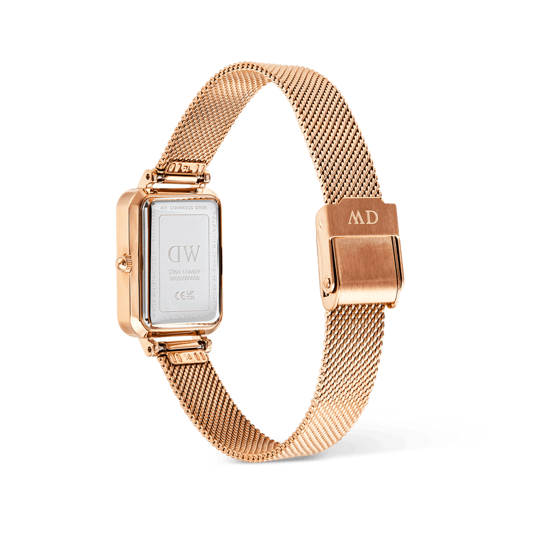 Quadro Melrose Roman Numerals Date watch showing the back of the rectangular case and rose gold mesh strap with a fold-over clasp, highlighting the stainless steel construction and adjustable fit.