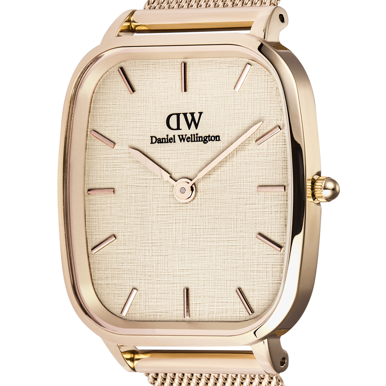 Close-up of the Marlon Melrose Linen men’s watch showing the linen-textured dial, slim rose gold hands, minimalist hour markers, and the polished cushion-shaped rose gold case.