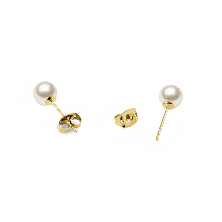 Pearl Stud Earring Gold set featuring 6 mm white Swarovski glass pearls on gold-tone stainless steel posts, shown with butterfly backs to highlight the secure and comfortable fastening.