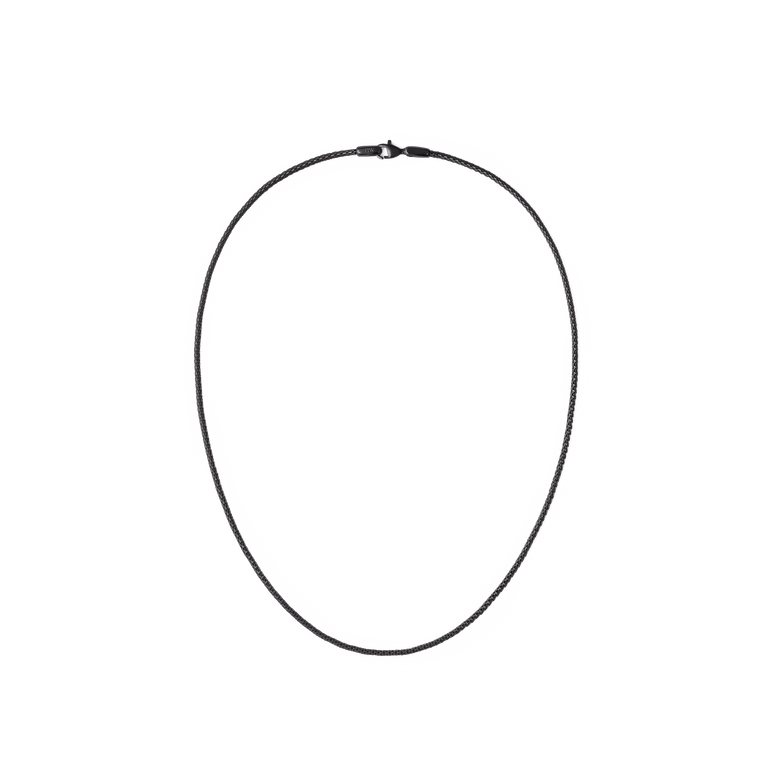 Minimalist black mesh necklace with a fine, lightweight chain and secure lobster clasp, crafted from stainless steel for a modern, understated look.