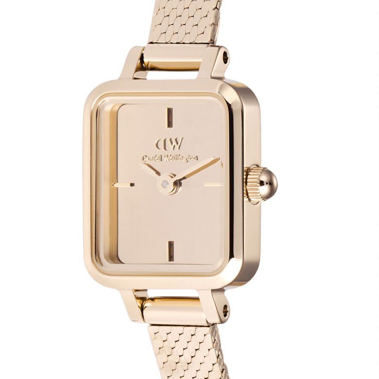 Close-up of the Quadro Mini Reflection Rose Gold ladies watch, highlighting its mirror-effect dial, slim rectangular case, and polished rose gold mesh strap.