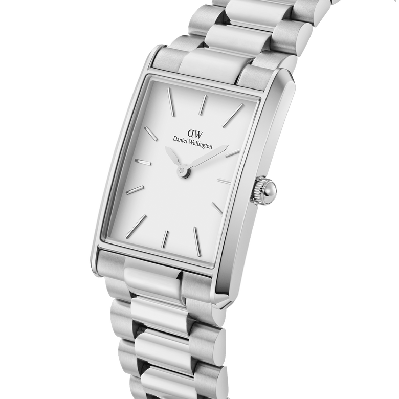 Bound 3-Link Silver watch with a rectangular stainless steel case, minimalist white dial, and polished three-link silver bracelet, shown in a close-up angled view highlighting its slim profile and modern design.