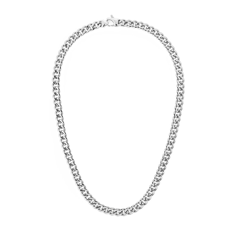 Ellipse Cuban Chain Necklace Silver featuring chunky, polished silver links in a classic Cuban chain design with a secure lobster clasp, crafted from 316L stainless steel.