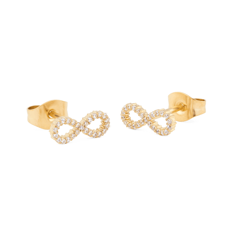 Mirelle Infinity Earring Gold studs with a modern infinity design, featuring petite white cubic zirconia crystals set in gold-plated stainless steel and secure butterfly backs.
