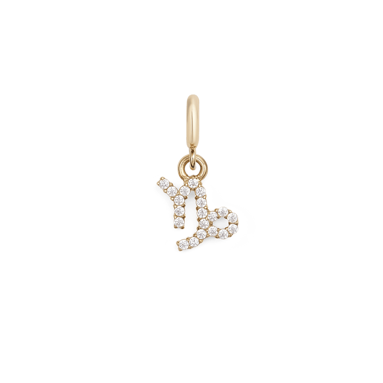 Gold Capricorn zodiac watch charm with sparkling cubic zirconia crystals, featuring a delicate Capricorn symbol in a secure claw setting for versatile styling on watches, bracelets, or jewellery stacks.
