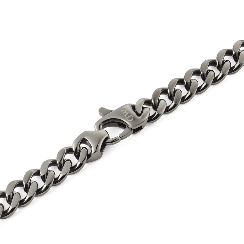 Detail of the Ellipse Cuban Chain Necklace Graphite showing the robust lobster clasp and chunky Cuban links in a matte graphite finish.