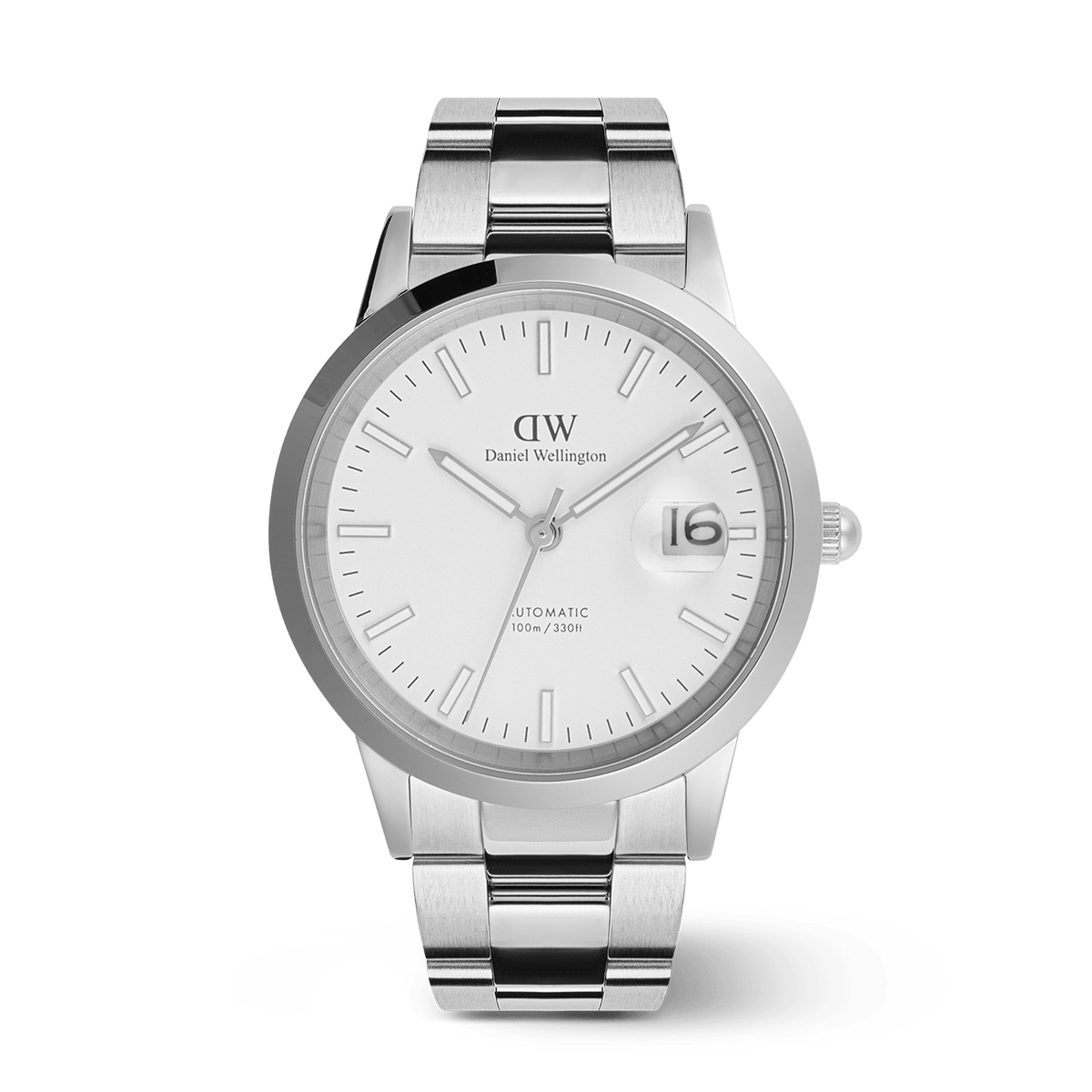 Men’s Daniel Wellington Iconic Link Automatic Silver watch with a polished stainless steel link bracelet, white enamel dial, luminous markers, and a magnified date display at 3 o’clock.