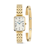 Rectangular gold ladies watch with a white Roman numeral dial and five-link bracelet, paired with a polished gold bracelet featuring sparkling crystals, from the Quadro Roman Numerals Date + Classic Lumine Bracelet Gold Set.