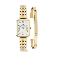 Rectangular gold ladies watch with a white Roman numeral dial and five-link bracelet, paired with a polished gold bracelet featuring sparkling crystals, from the Quadro Roman Numerals Date + Classic Lumine Bracelet Gold Set.