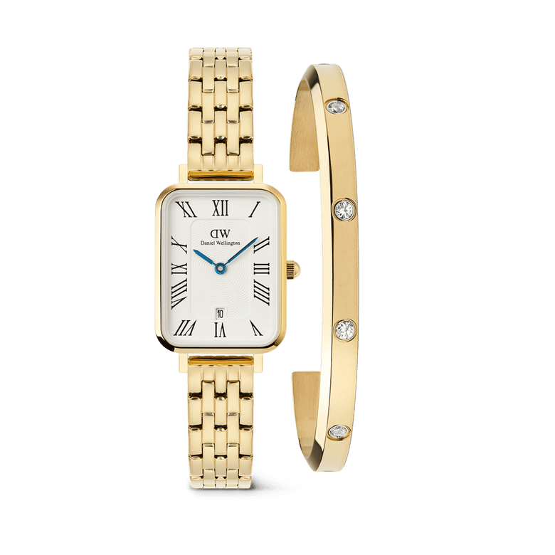 Rectangular gold ladies watch with a white Roman numeral dial and five-link bracelet, paired with a polished gold bracelet featuring sparkling crystals, from the Quadro Roman Numerals Date + Classic Lumine Bracelet Gold Set.