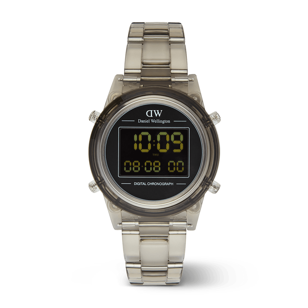 Retro Digital Light Grey Light Grey watch with a transparent light grey stainless steel strap, round case, and a clear digital display showing time, date, and chronograph features.