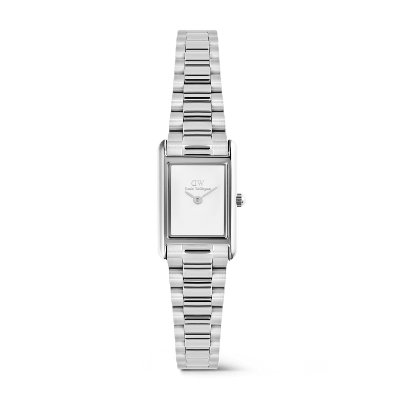 Rectangular Daniel Wellington Bound Mini 3-Link Silver watch with a minimalist white dial, polished silver case, and slim 3-link stainless steel bracelet, designed for women seeking a refined and versatile accessory.
