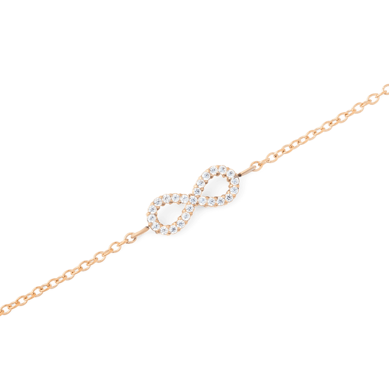 Close-up of the Mirelle Infinity Bracelet Rose Gold, highlighting the dainty infinity charm set with sparkling white cubic zirconia stones on a fine rose gold chain.