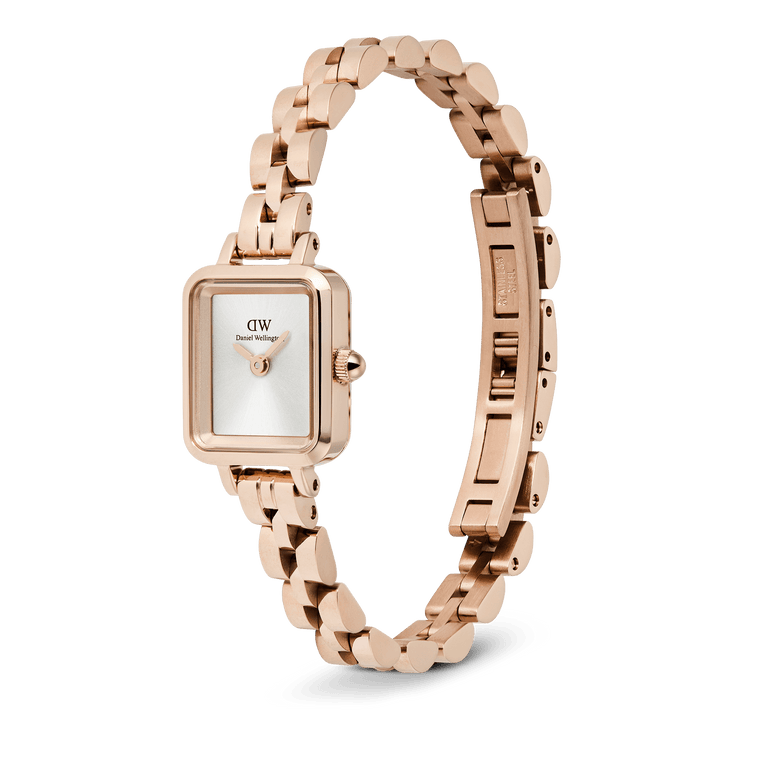 Quadro Mini Arch 3-link White Sunray Rose Gold watch with a slim, adjustable rose gold bracelet, minimalist white sunray dial, and a button-less butterfly buckle for a seamless fit.