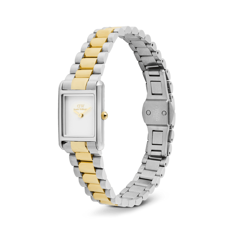 Bound Mini 3-Link Two Tone Gold ladies watch with a rectangular white dial, gold crown, and a slim gold and silver 3-link bracelet, shown with its adjustable butterfly clasp open.