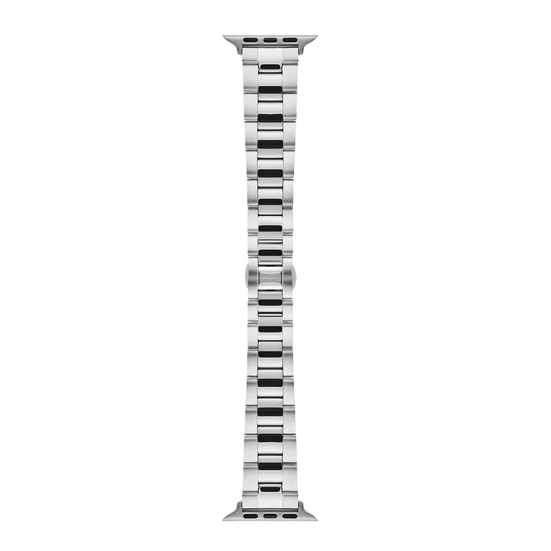 Smartwatch Iconic Link Silver strap for Apple Watch, featuring a brushed and polished stainless steel 3-link design with a butterfly buckle, shown from above to highlight its clean lines and adjustable fit.