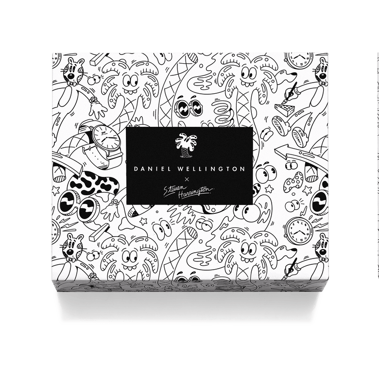 Limited edition Daniel Wellington x Steven Harrington Combo Box featuring playful black and white illustrated packaging with signature artwork and lively palm tree motifs.